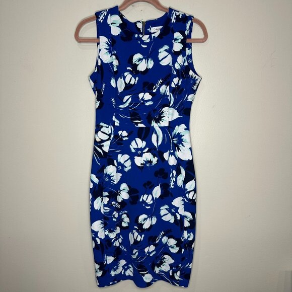 Calvin Klein Sheath Dress Size 6 Floral Blue Career Work Office Professional - Picture 1 of 7